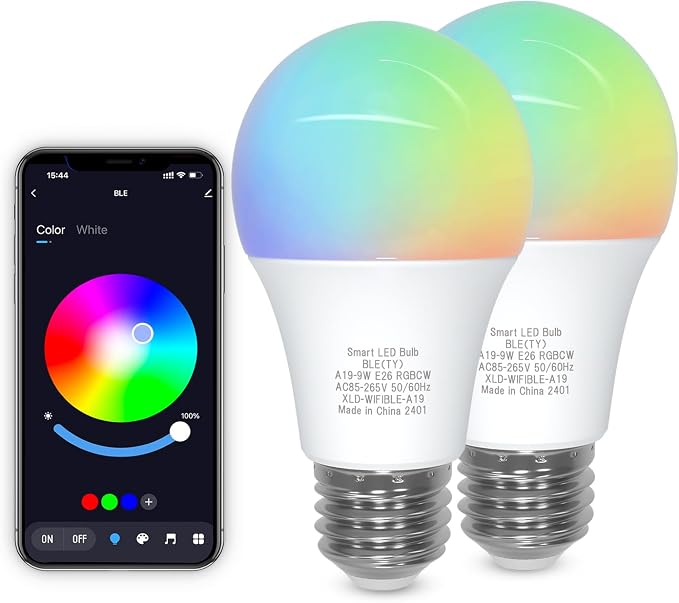 Bluetooth Smart Light Bulb 60 Watt, Dimmable Color Changing, 2 Pack | E26 Lightbulbs 9W A19, RGBCW Multicolor, Music Sync, Timer Schedule Settings (No WiFi Connection)