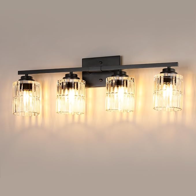TALOYA Black 4-Light Bathroom Vanity Light with Fluted Cylinder Glass Shade | Modern Vanity Lighting Fixtures, Bathroom Lights Over Mirror, Wall Mount Mirror Light Fixtures for Bathroom Hallway Bedroom