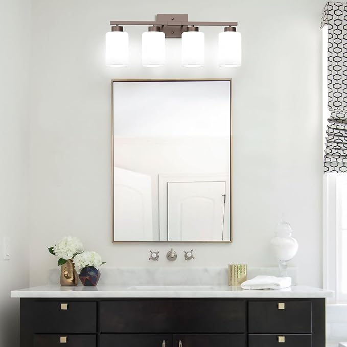 IZORRO Modern Bathroom Light Fixtures, 4 Light Oil-Rubbed Bronze Vanity Lights, Bathroom Lighting Fixtures Over Mirror with White Glass for Living Room Cabinet Bedroom