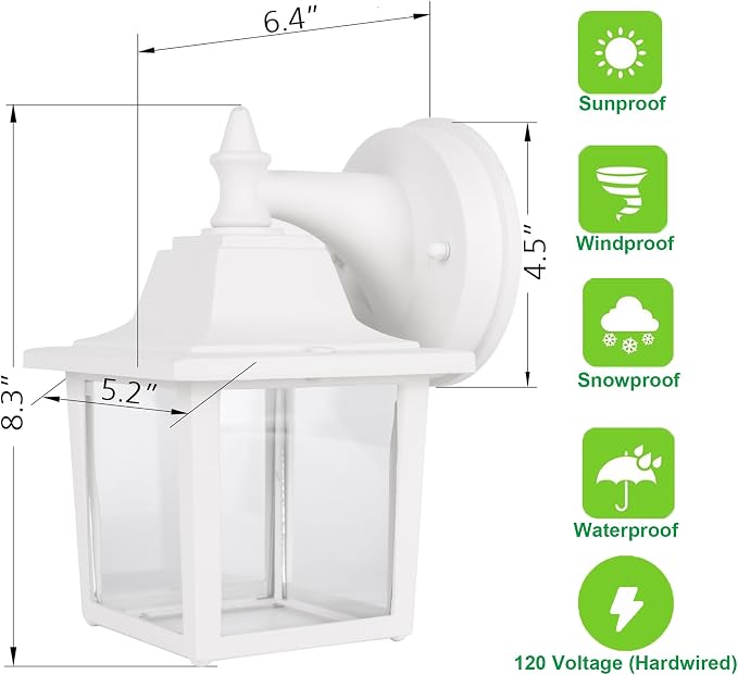 Outdoor Wall Light Fixture, Rustproof Aluminum, Glass | Exterior Porch Light Wall Sconce Lantern for House, Patio, Garage, Waterproof, E26 Socket 60W Max, White, 1 Pack