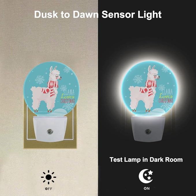 Cute Animal Night Light Funny Christmas Llama Wear Red Scarf Winter Snowflakes Plug-in Nightlight Energy Saving 0.5W LED Lighting for Boys Girls Men Women