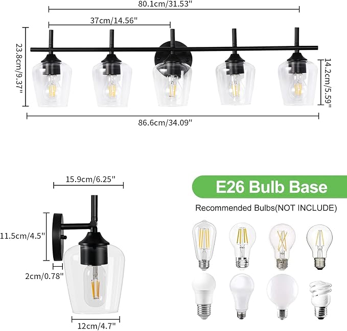 Bathroom Light Fixtures 5-Light Brushed Nickel Vanity Light with Clear Glass Shade, Modern Wall Lights for Bedroom Hallway Living Room (Black, 5-Light)