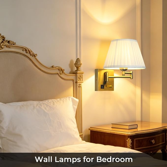 Plug in Wall Lamp for Living Room Bedroom Bedside, Bulb Included | Wall Sconce with USB C+A Charging Ports, Adjustable Swing Arm 270°, Adjustable Color Temperature, White Fabric Cone lampshade
