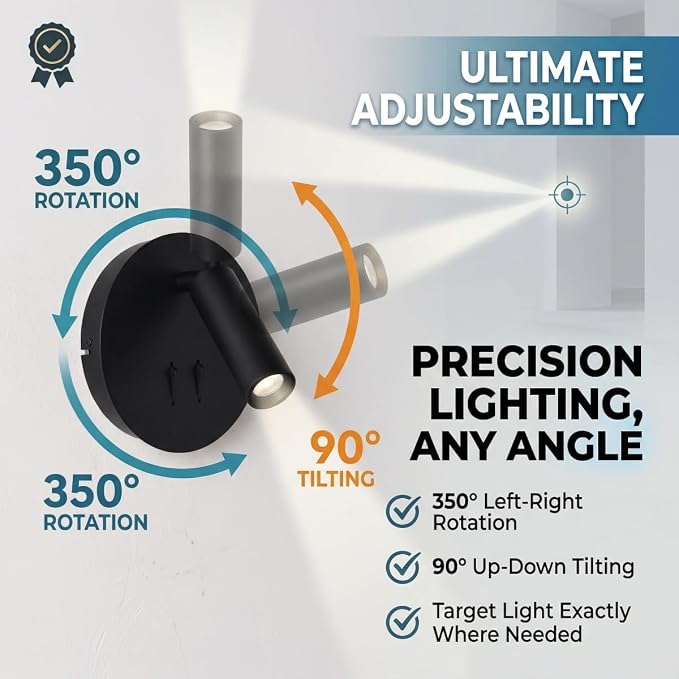 DEC LUCE DECOLUCE LIGHTING Modern Minimalist LED Wall Sconce,Hardwired 2-Light Reading Backlight,Dual Light Control (3W/240lm+6W/480lm), Swing Arm Wall Light Fixtures for Bedroom/Bedside(Black)