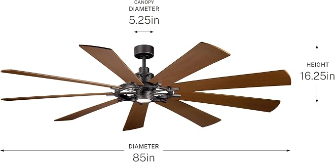 Kichler Gentry 85" Ceiling Fan with LED Light, Anvil Iron | Large DC motor fan with 9 blades and dimmable LED light for expansive indoor rooms, 300285AVI
