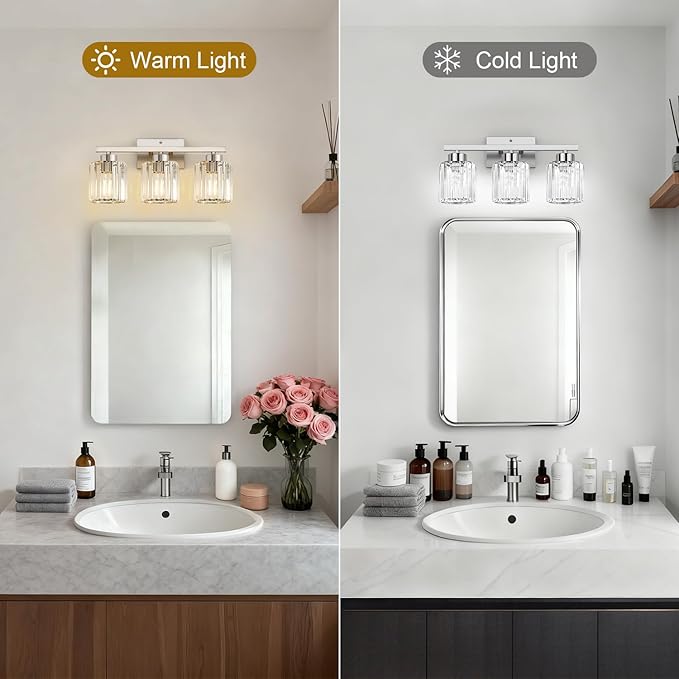 GOLSPARK Modern Crystal Bathroom Vanity Light, Brushed Nickel Bathroom Lighting fixtures Over Mirror, 3-Light Vanity Light Fixtures, E26 Base Crystal Round Shades for Bathroom, (Exclude Bulb)