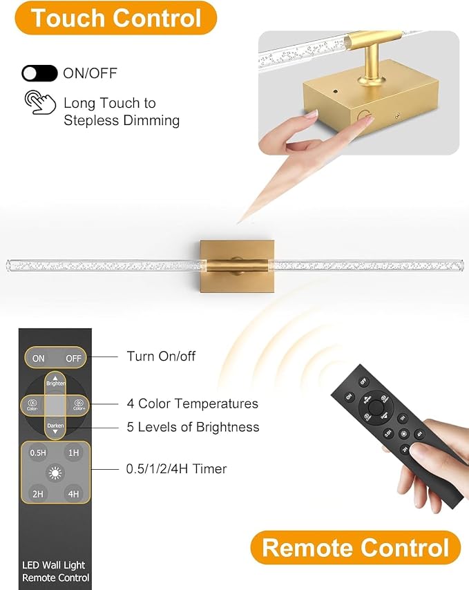 Rechargeable Wall Sconces Set of 2, Gold Crystal Bubble Wireless Wall Light | 10000mAh, Remote Control, 3000K-6000K Dimmable, 360° Adjustable, Ambient Lighting for Living Room, Bedroom, Picture, Bathroom