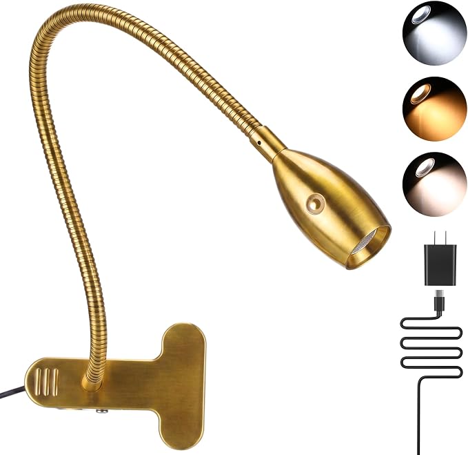 1 Pcs LED Clip on Reading Light for Bed Headboard, 3 Color Dimmable Stepless Book Light with Flexible Gooseneck Clamp Desk Lamp for Reading with USB for Bedroom, Dorms, Office, Studio (Gold)