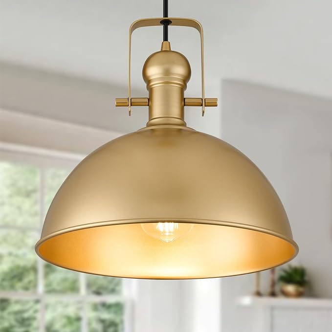 12 Inch Gold Farmhouse Pendant Lights Matte Pendant Lights for Kitchen Island Industrial Adjustable Height Vintage Dome Hanging Light Fixtures for Barn, Dining Room 1 Pack