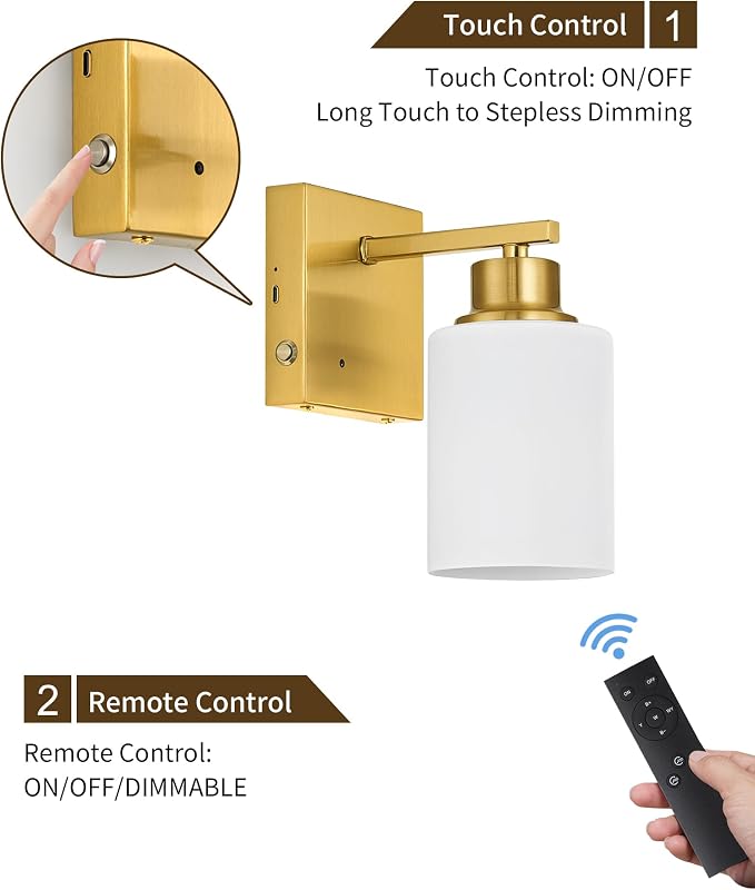 Wall Sconces Battery Operated Set of Two, Modern, White Glass, Gold | Dimmable, Easy Install Rechargeable Wall Lights with Timer Remote for Living Room Bedroom, Emergency 3000K