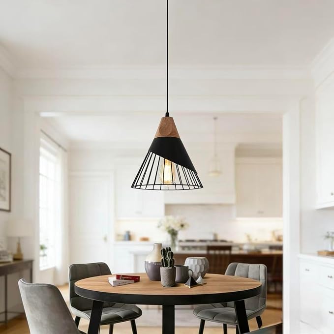 Pendant Light Black,Pendant Lights Kitchen Island,Wood Pendant Light,Adjustable Height Hanging Light Fixture for Kitchen Island Dining Room Bar Bedroom Hallway