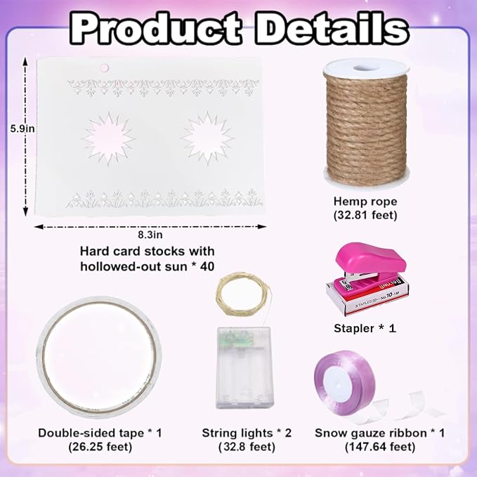 20 Pcs DIY Princess Hanging Lanterns with String Light and Ribbon | Thick Paper, Sun Cutout Pattern, Girls Birthday Party Decor, Provide Tools, 20 White, Batteries Not Included