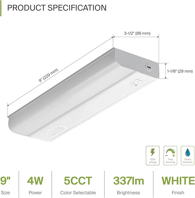 ASD 20 Pack 9 Inch Hardwired LED Under Cabinet Lights, On/Off & 5CCT Switch 2700K-5000K, 4W 337LM CRI90+, Direct Wire Low Profile Linkable Fixture, Dimmable Under Counter Kitchen Lighting, White, UL