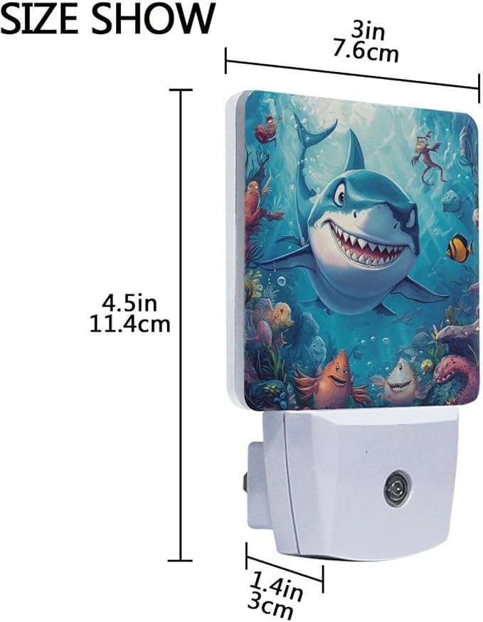 Cartoon Shark in Ocean Night Light Dusk to Dawn Sensor LED Night Dimmable Nightlight Lights Plug into Wall for Living Room