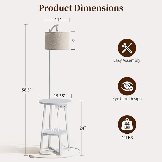 Yoobure Floor Lamp with Table - Farmhouse Night Stand with Charging Station | Side Table with Floor Lamps for Living Room, Bedroom, End Table with Lamp Attached 3 Color Temperatures Bulb, 2 Tier Shelves
