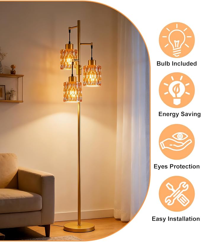 Lightdot 67" 3-Light Glass Floor Lamp for Living Room, Dimmable with Amber Glass Shade & E12 Bulbs Included, Mid Century Standing Tall Lamp with 5Lbs Heavy Base for Bedroom/Sofa Beside/Corner - Gold