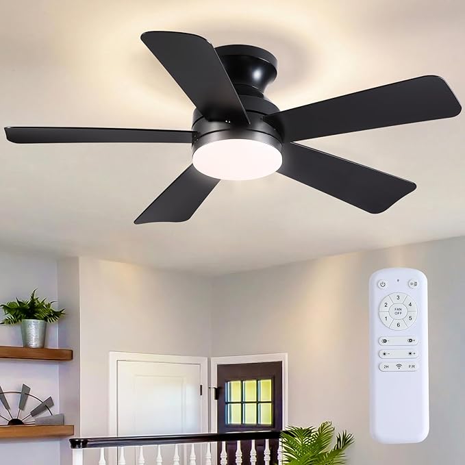 41 inch Ceiling Fans with Lights, Black Flush Mount Ceiling Fan with Remote, 3CCT, LED Dimmable, Reversible, 6 Fan Speeds, Quite Low Profile Ceiling Fan with Lights Modern Bedroom Kitchen Indoor