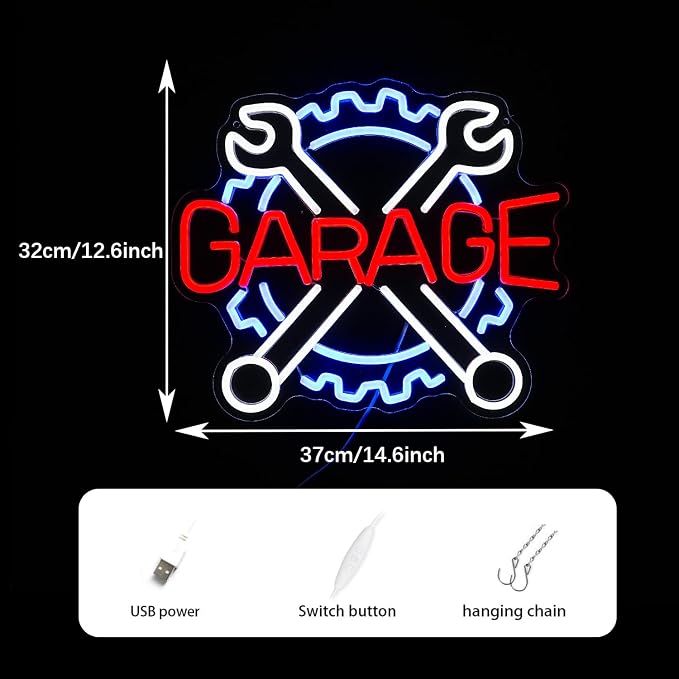 Garage Neon Sign Gear Wrench LED Light Up Sign for Wall Decor USB Check Engine Neon Light for Car Repair Shop Man Cave Gift for Dad Boys(12.6 * 14.5 In)