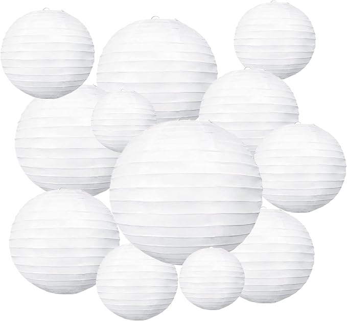 20Pcs White Paper Lanterns for Parties, 6” 8” 10” 12” Chinese Asian Hanging Round Paper Lanterns for Birthday Wedding Halloween Christmas Home Decor Party Decor
