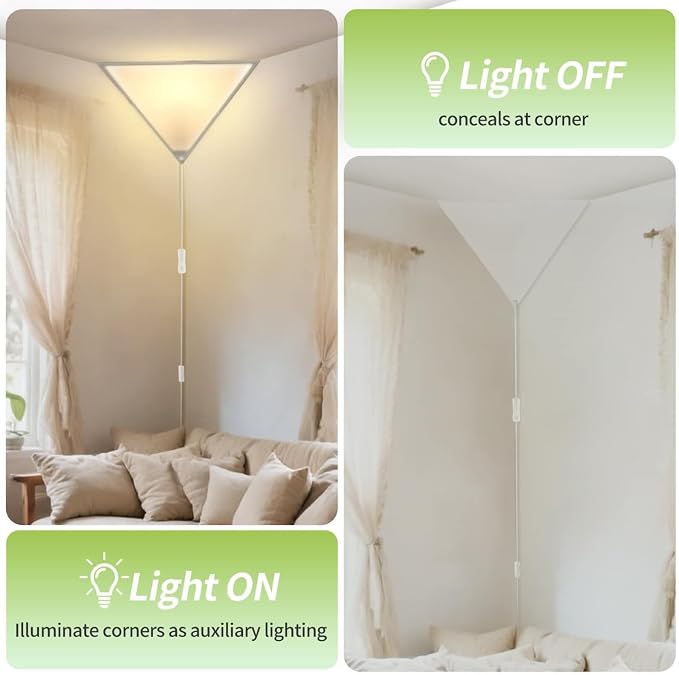 Corner Ceiling Light with Switch, Triangle Corner Lamp, 2 Pack | Linen Shade, 8.2ft Clear Cord, Plug in Ceiling Light Safe for Kids & Pets, Corner Lights for Living Room, Bedroom Dark Corner
