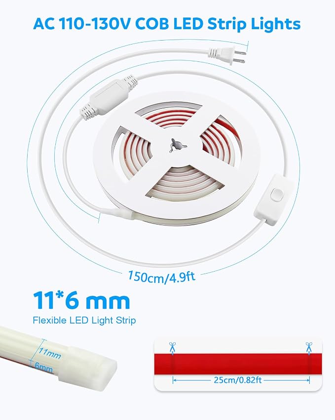 Aclorol AC 110V COB LED Strip Light Natural White 6FT/2M 576LEDs Flexible LED Rope Lights Outdoor Waterproof with 4.92ft Long Power Cable for Under Cabinets Bookshelf Living Room Shed Lighting 4000K