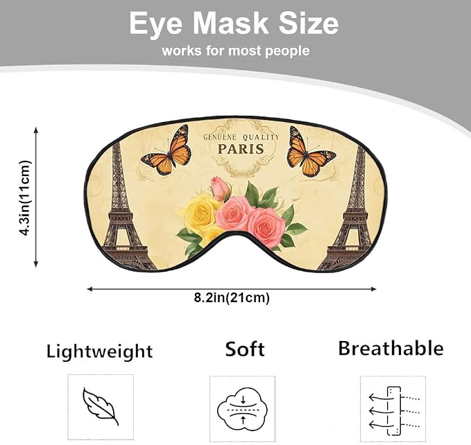 Eiffel Tower Eye Mask Sleeping Mask Vintage Paris Postcard Flower Butterfly Sleep Masks Silky Soft Eye Cover for Women Men Shading Blindfold for Air Travel Sleeping
