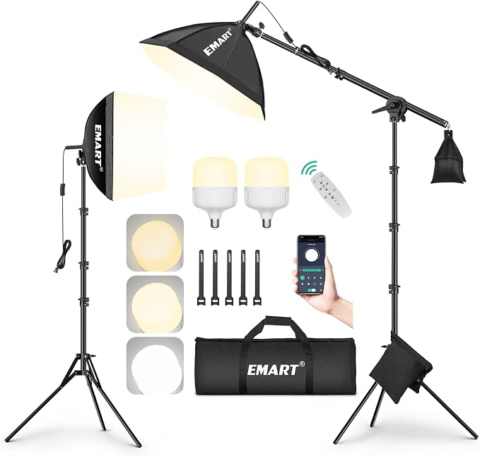EMART Softbox Photography Lighting Kit, 50W LED 2PCS Soft Box with Boom Arm | Professional Equipment 16"x16" & 20"x20" Softbox, 50W 3000-6000K LED Bulbs, APP/Remote, Stand with Boom Arm for Studio, Vedio