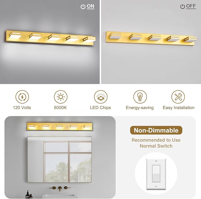 LED Modern Bathroom Light Fixtures, 5-Light 40-Inch Gold Vanity Lights for Bathroom Lighting Fixtures Over Mirror, 6000K Cool White 350° Rotatable Wall Lamp