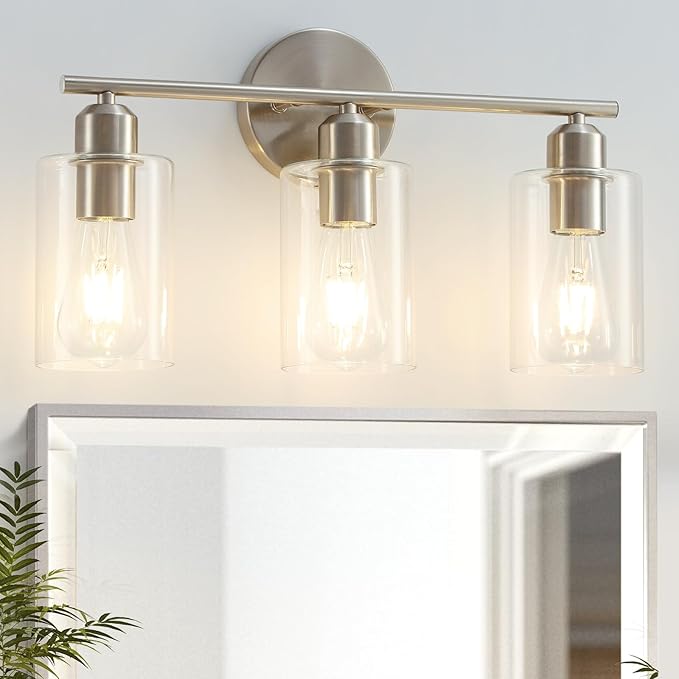 3-Light Bathroom Light Fixtures, Brushed Nickel Bathroom Vanity Lights, Bathroom Lighting Fixtures Over Mirror with Clear Glass Shade, Wall Sconce Light for Bedroom, Living Room and Hallway