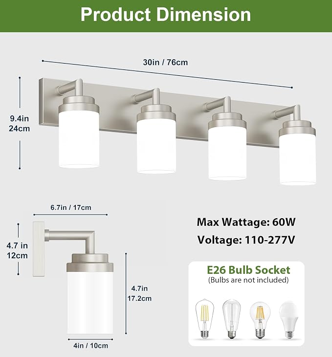 Bathroom Light Fixtures, Brushed Nickel Bathroom Lighting Fixtures Over Mirror, Modern Vanity Light with White Glass Shade, Restroom Lighting Fixtures, 4-Light 30-inch