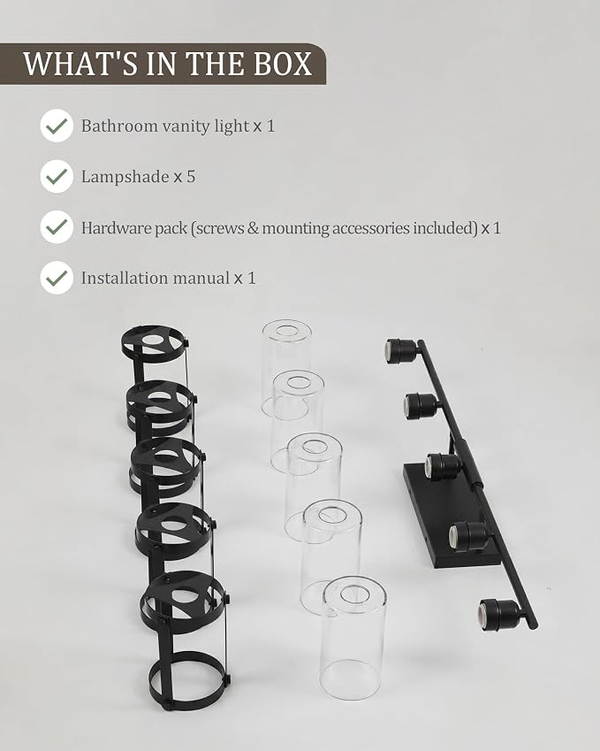 5-Light Matte Black Bathroom Light Fixtures Over Mirror with Clear Glass and Metal Cage Shade, 38" UL-Listed Modern Farmhouse Wall Sconce for Bath, Hardwire E26, OS-3014BK-5W