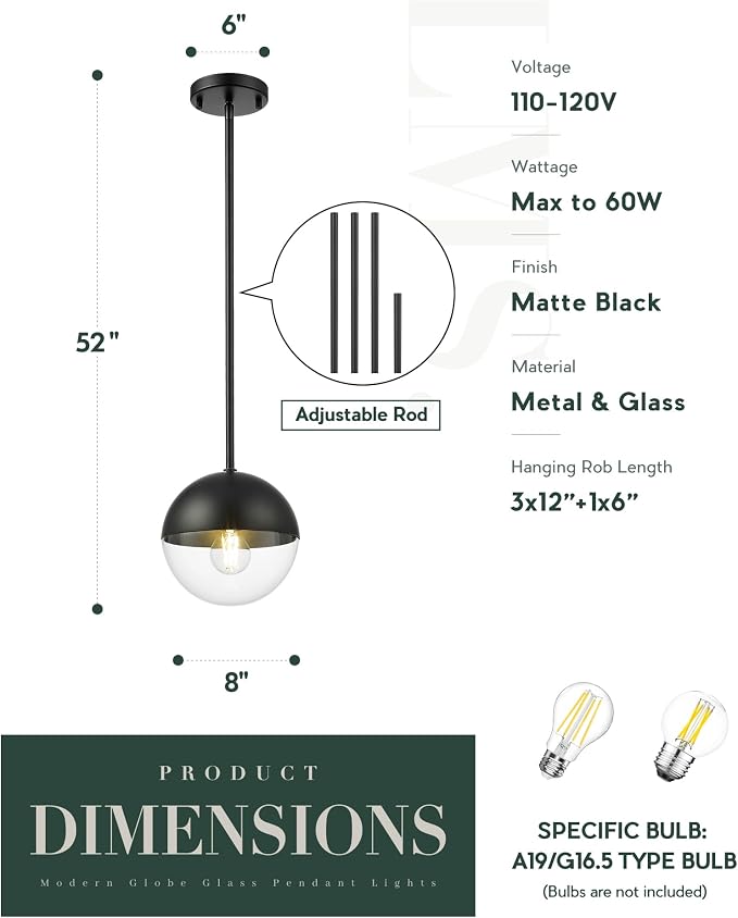 Modern Pendant Lights, Matte Black Kitchen Island Pendant Light Fixtures, Adjustable Hanging Rod Ceiling Light for Dining Room Bathroom Bedroom, LMS-186BKC