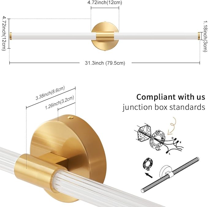 Dimmable LED Bathroom Vanity Lights 360° Full Lighting Bathroom Light Fixtures Over Mirror Vanity Light Bar Modern Wall Sconce Warm White for Bedroom Living Room Hardwired Gold, 31 inch