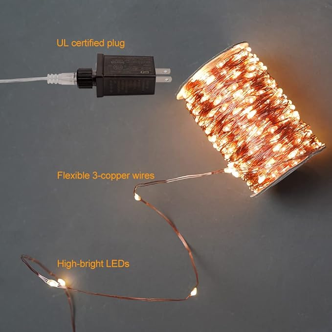 Plug in Fairy Lights with Remote 66FT 200 LED Waterproof Warm White Copper Wire Twinkle String Lights for Indoor Outdoor Christmas Tree Bedroom Porch Wedding Birthday Party Girl's Room