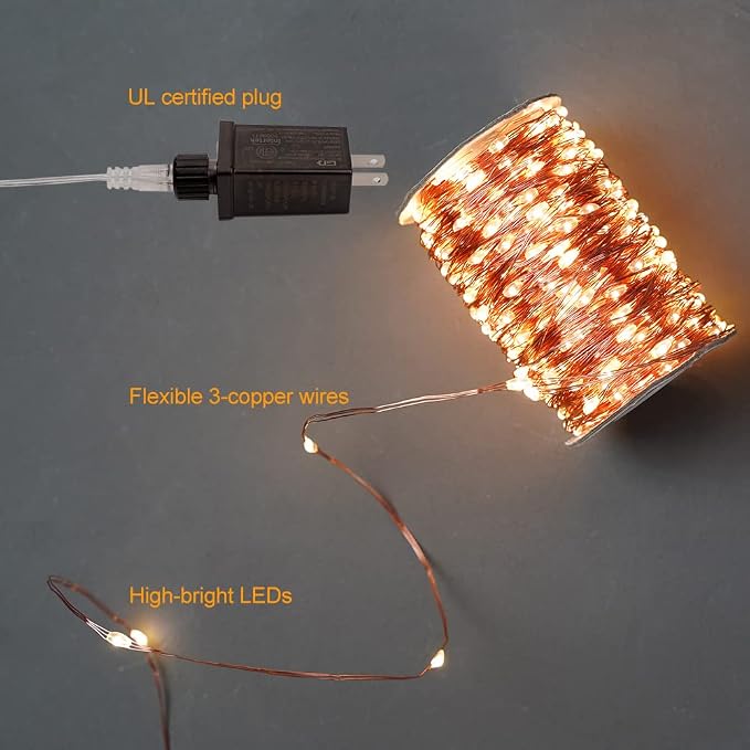 Plug in Fairy Lights with Remote 200FT 600 LED Waterproof Warm White Copper Wire Twinkle String Lights for Indoor Outdoor Christmas Tree Bedroom Porch Wedding Birthday Party Girl's Room