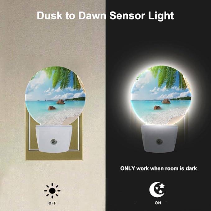 EKOBLA Palm Tree and Beach LED Night Light Island Beach Sea Ocean Dusk to Dawn Plug-in Nightlights Auto Sensor for Home Indoor Bathroom Hallway Kitchen