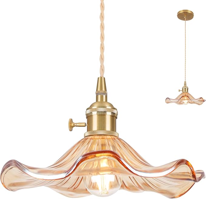 Glass Pendant Light Vintage Light Fixtures,Amber Modern Chandelier Pendant,E26 8.8" Adjustable Hanging Light,Flower Pendant Lights Kitchen Island for Farmhouse Entryway Dining Room 1 Light