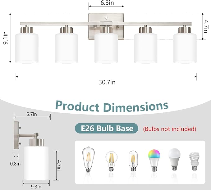 Brushed Nickel Bathroom Light Fixtures Vanity Lighting Over Mirror | 5-Light Modern Wall Sconces with Milky White Frosted Glass Shades for Restroom (E26 Socket)