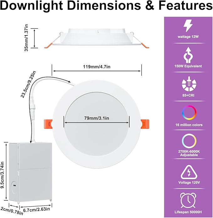 Smart Recessed Lighting 4 Inch RGBCW Color Changing 12W LED Downlight with Junction Box,1080 Lumen Recessed Ceiling Light Compatible with Alexa,Dimmable by Bluetooth Control -1Pack