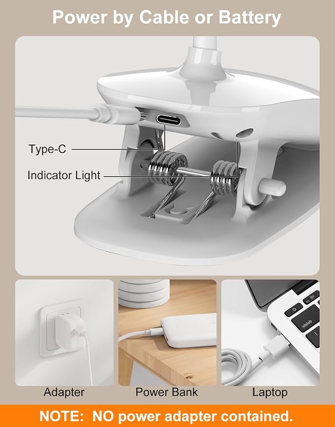 Desk Lamp, Table Lamp 1500mAh Dimmable Reading Lamp with Clamp and Type-C Charging Port, Desk Light for Home Office Reading Working Studying Gooseneck Adjustable Flexible - White