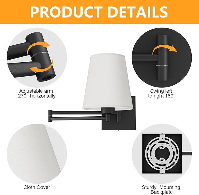 Aipsun Black Wall Sconce Set of 2, Swing Arm Wall Lamps, Modern Bedroom Wall Sconce Fixtures with Fabric Lampshade for Reading Hallway Living Room(Exclude Bulb)