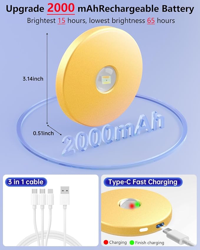 LED Puck Lights with Remote, 2000mAH Battery Operated, Rechargeable Shelf Light, Wireless,Color Changing Magnetic Light, Display Curio Cabinet,Bookcase,Under Cabinet Lighting (Gold, 3PACK)