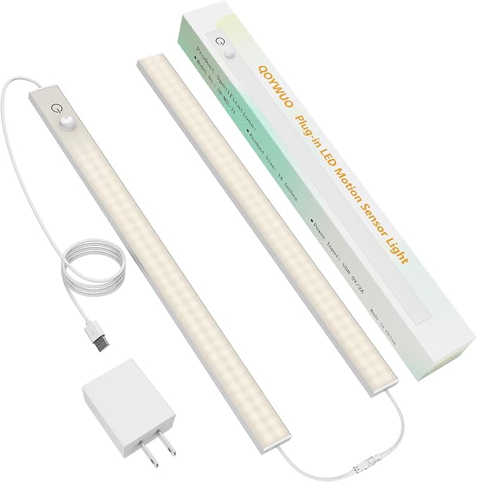 USB Plug-in Motion Sensor Light, Night/Day/ON Modes, Bright&Dimmable | 2-Row LED, 14" Under Cabinet Lighting Indoor for Kitchen, Cabinet, Closet - 4000K Neutral White, 2-Bar Linkable