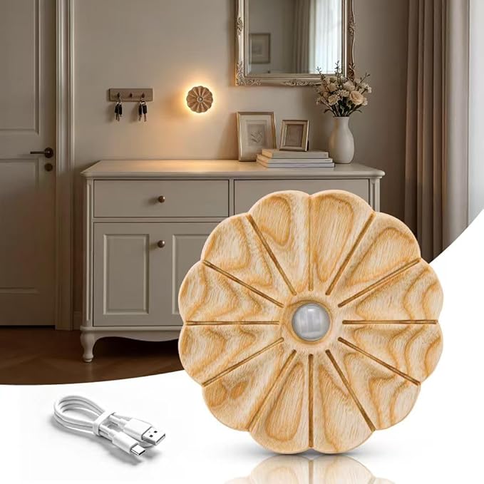 Rechargeable Motion Sensor Light Indoor, Wood Flower Night Light, Magnetic | Warm White 3000K, Ash Wood Flower USB Rechargeable Light, Wireless Lighting for Hallway Bedroom Kitchen , Magnetic Stick-on