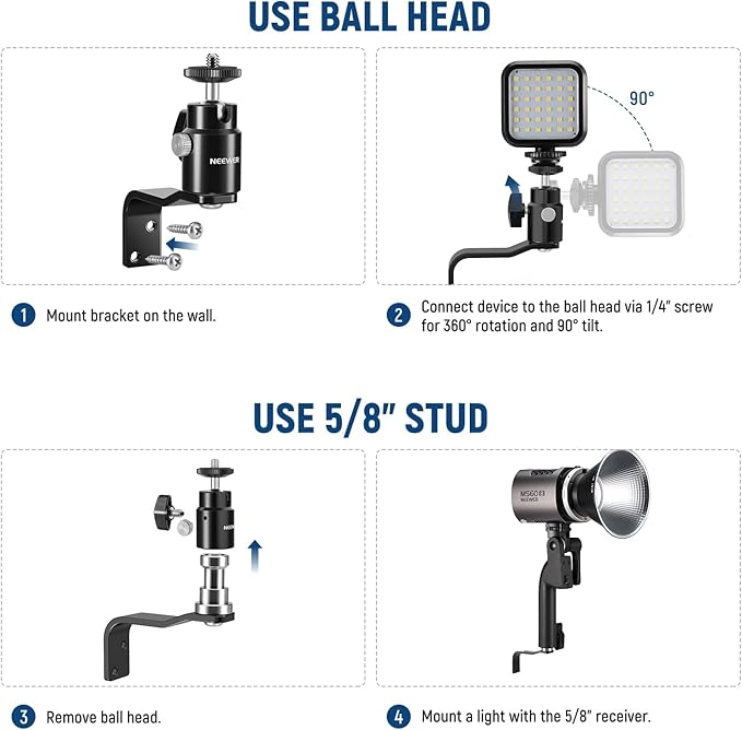 NEEWER 2 Pack E Type Wall Ceiling Mount, Ring Light Wall Mount Bracket with Detachable Ball Head, 5/8" Stud, 1/4" Screw for Flash Strobe Camera Monitor Studio Lighting, Max Load: 4.4lb/2kg, TS007
