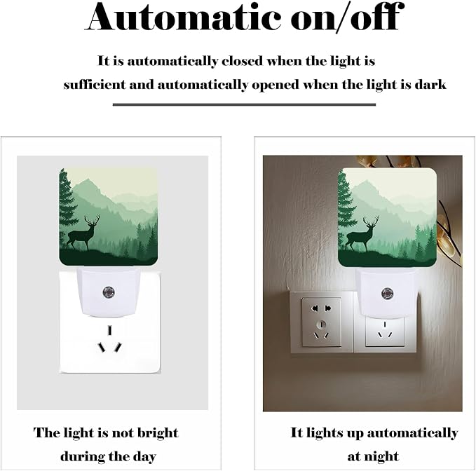 Misty Mountains Forest Night Light,Silhouette Deer Plug Into Wall for Boys Girls Bedroom Decorative Square Night Light Lamp 0.5w Sleep Friendly