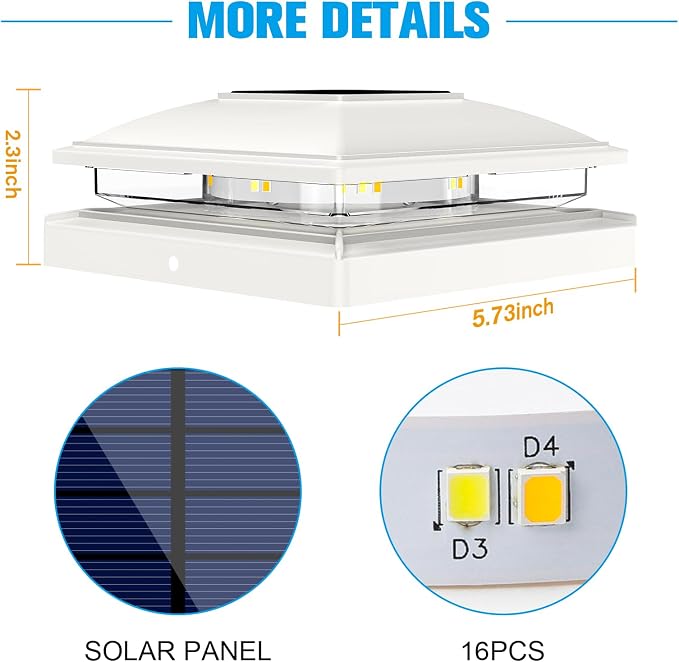 VOLISUN White Solar Post Cap Lights, Warm White Fence Lights 8 Pack | Solar powered waterproof lamps fit 4x4/6x6 wooden & 4x4/5x5 vinyl posts for garden, patio, porch and backyard use