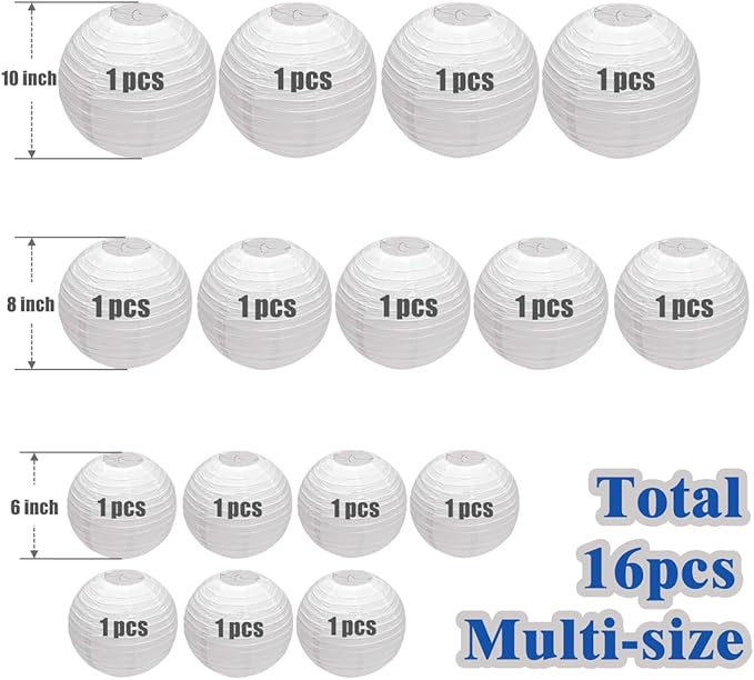 16pcs White Paper Lanterns Hanging Ball Lanterns for Birthday Wedding Bridal Baby Shower Art Class Home Outdoor Indoor Party Decoration (Multisize)