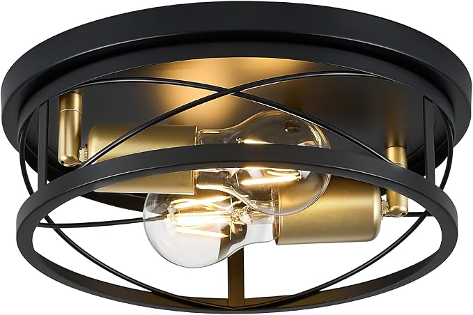 Farmhouse Lights,Black and Gold Industrial Flush Mount Ceiling Light, Ceiling Lamp Farmhouse Lighting Fixture for Hallway, Bedroom, Kitchen, Entrance, 2-Light