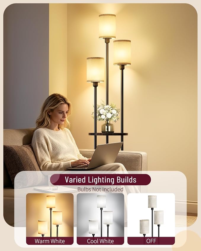 Floor Lamp with Shelves, 3-Light Floor Lamps for Living Room, Modern Standing Lamp with Linen Shades and Foot Switch, 66.1'' Tall Corner Lamp for Bedroom, Office, E26 Base, Walnut and Beige
